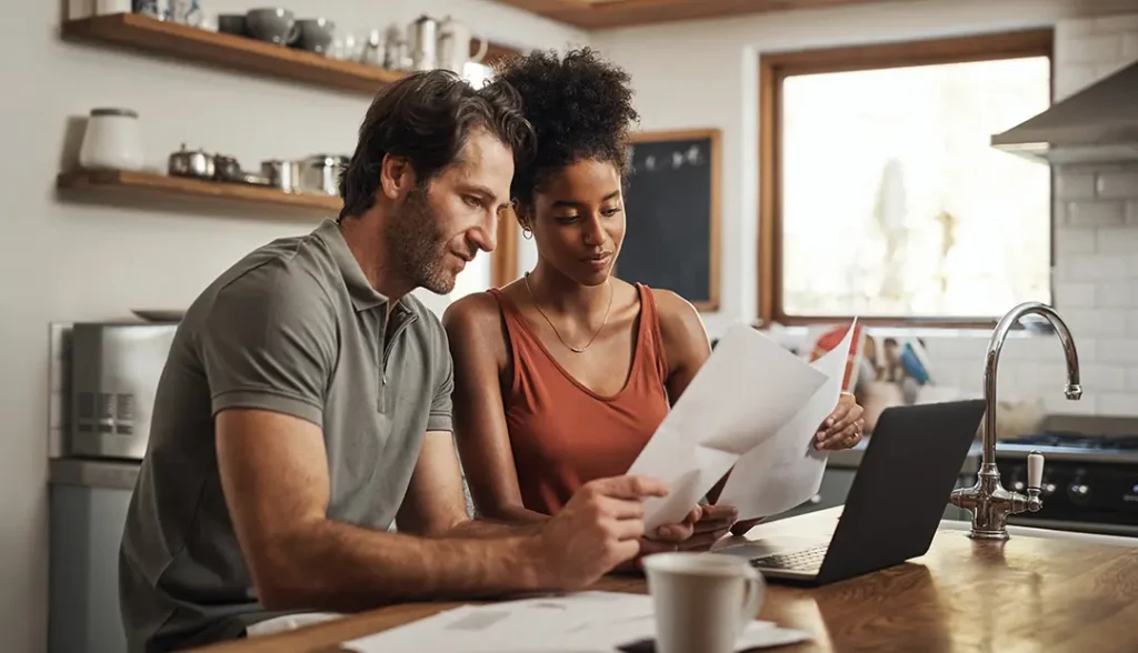 Couple using laptop in the kitchen