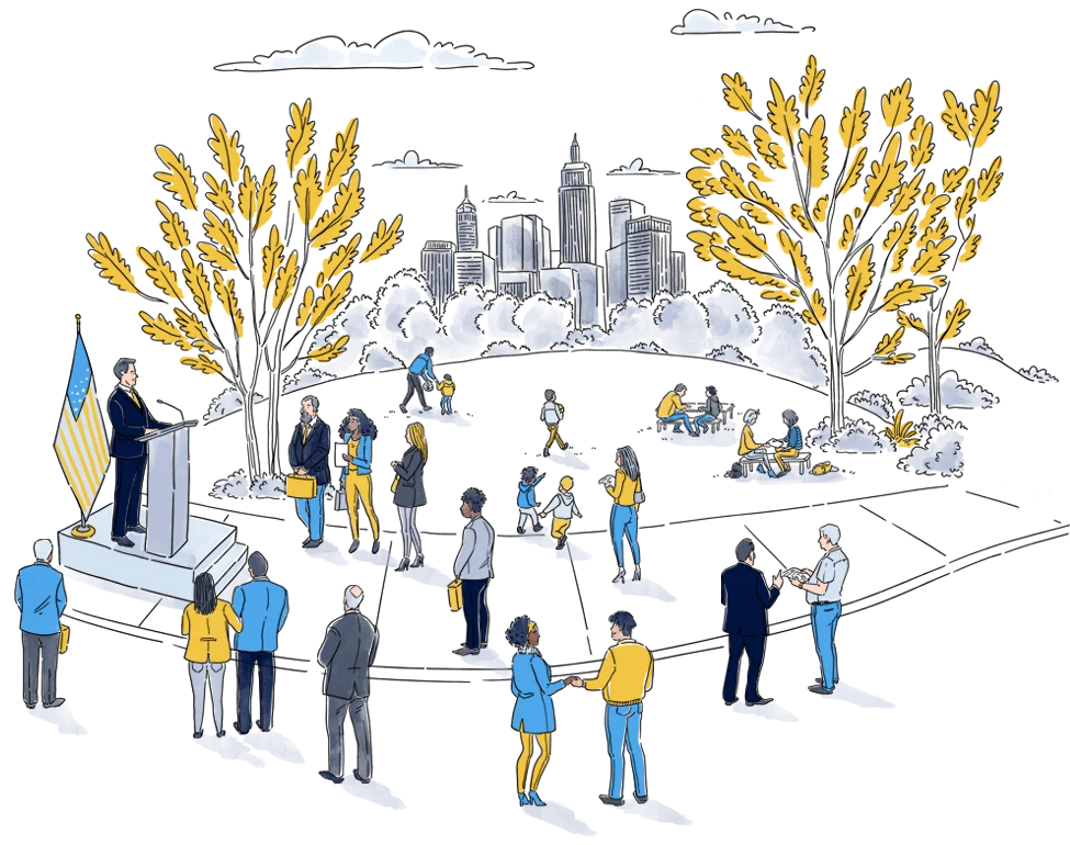 An illustration showing a mayor speaking to the local community about lead service line replacement